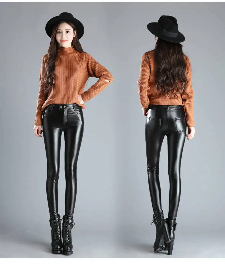 Women’s High Elastic Shiny Leather Pants | Slim Fit Pencil Trousers by BlazerGirlz