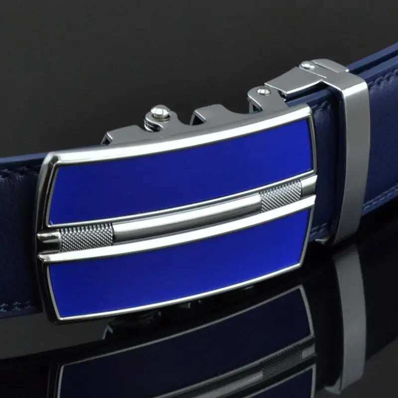 Luxury Genuine Leather Belt for Men | Blue Waist Strap with Automatic Buckle by Famous Brand