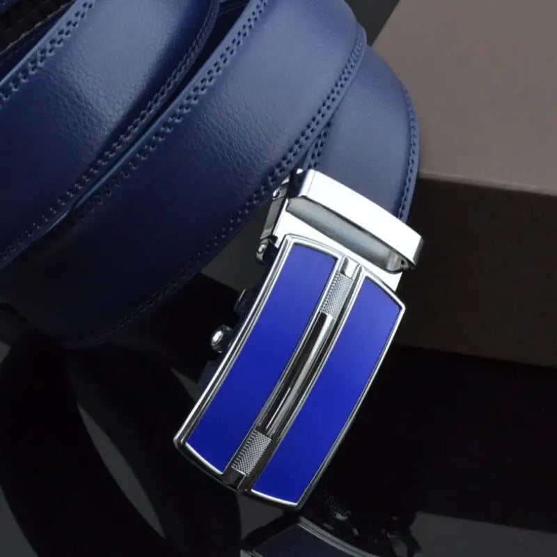 Luxury Genuine Leather Belt for Men | Blue Waist Strap with Automatic Buckle by Famous Brand