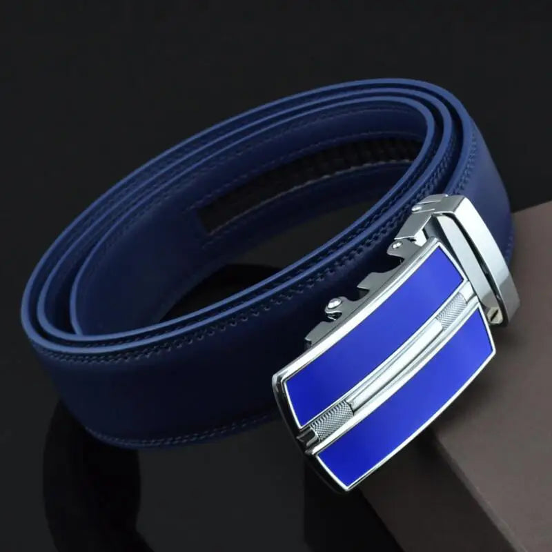 Luxury Genuine Leather Belt for Men | Blue Waist Strap with Automatic Buckle by Famous Brand