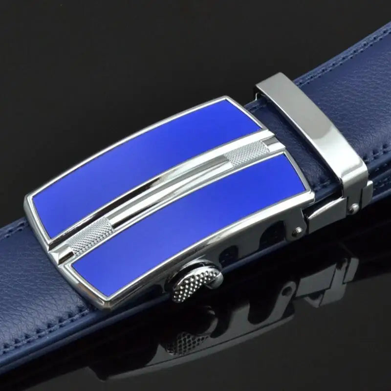 Luxury Genuine Leather Belt for Men | Blue Waist Strap with Automatic Buckle by Famous Brand