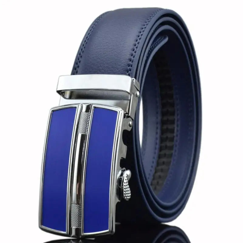 Luxury Genuine Leather Belt for Men | Blue Waist Strap with Automatic Buckle by Famous Brand