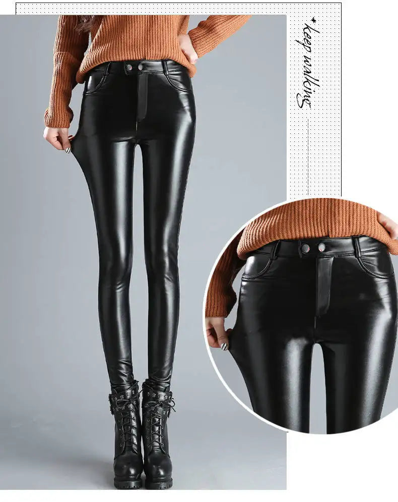 Women’s High Elastic Shiny Leather Pants | Slim Fit Pencil Trousers by BlazerGirlz