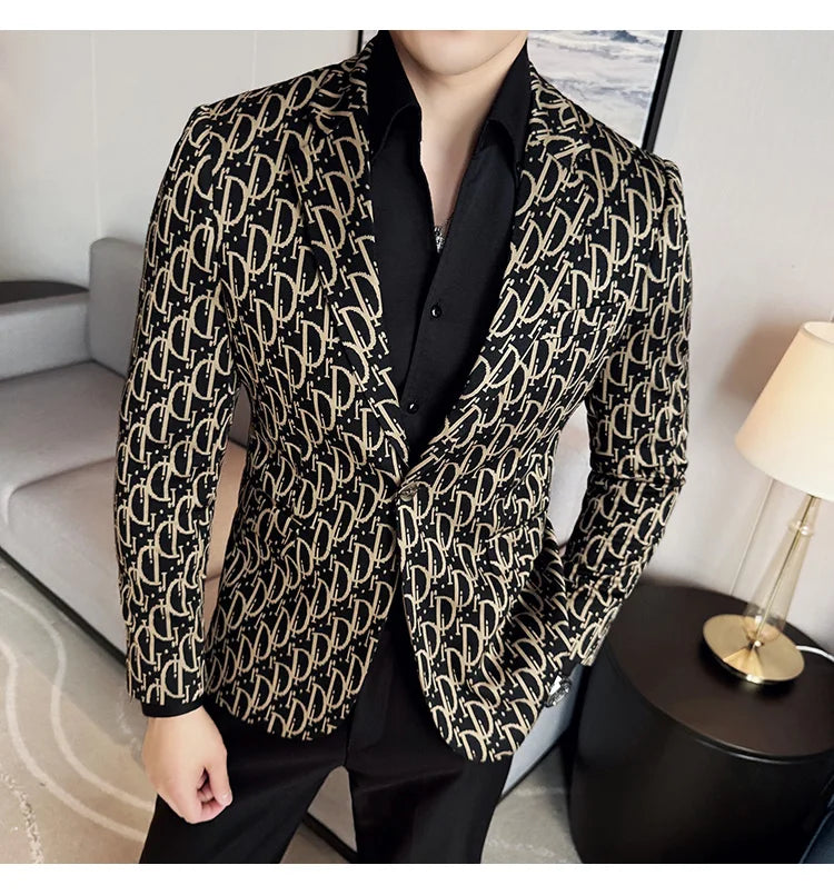 Stylish Letter Print Slim-Fit Blazer for Men | Personality Social Jacket by BlazerBoyz