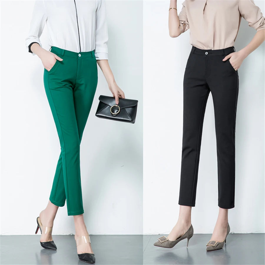 High-Waist Elastic Pencil Pants | Slim Fit Ankle-Length Trousers for Women by BlazerGirlz