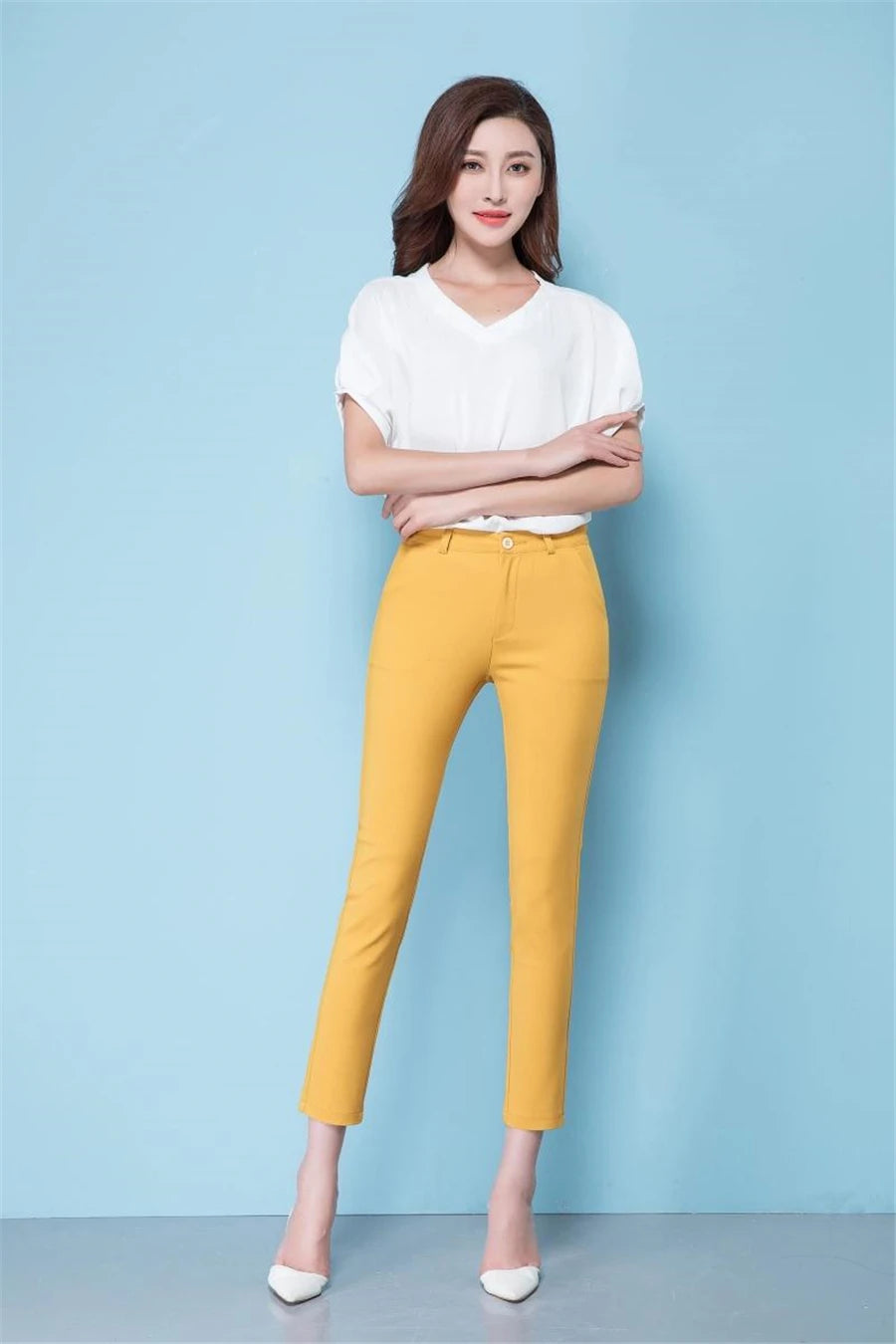 High-Waist Elastic Pencil Pants | Slim Fit Ankle-Length Trousers for Women by BlazerGirlz