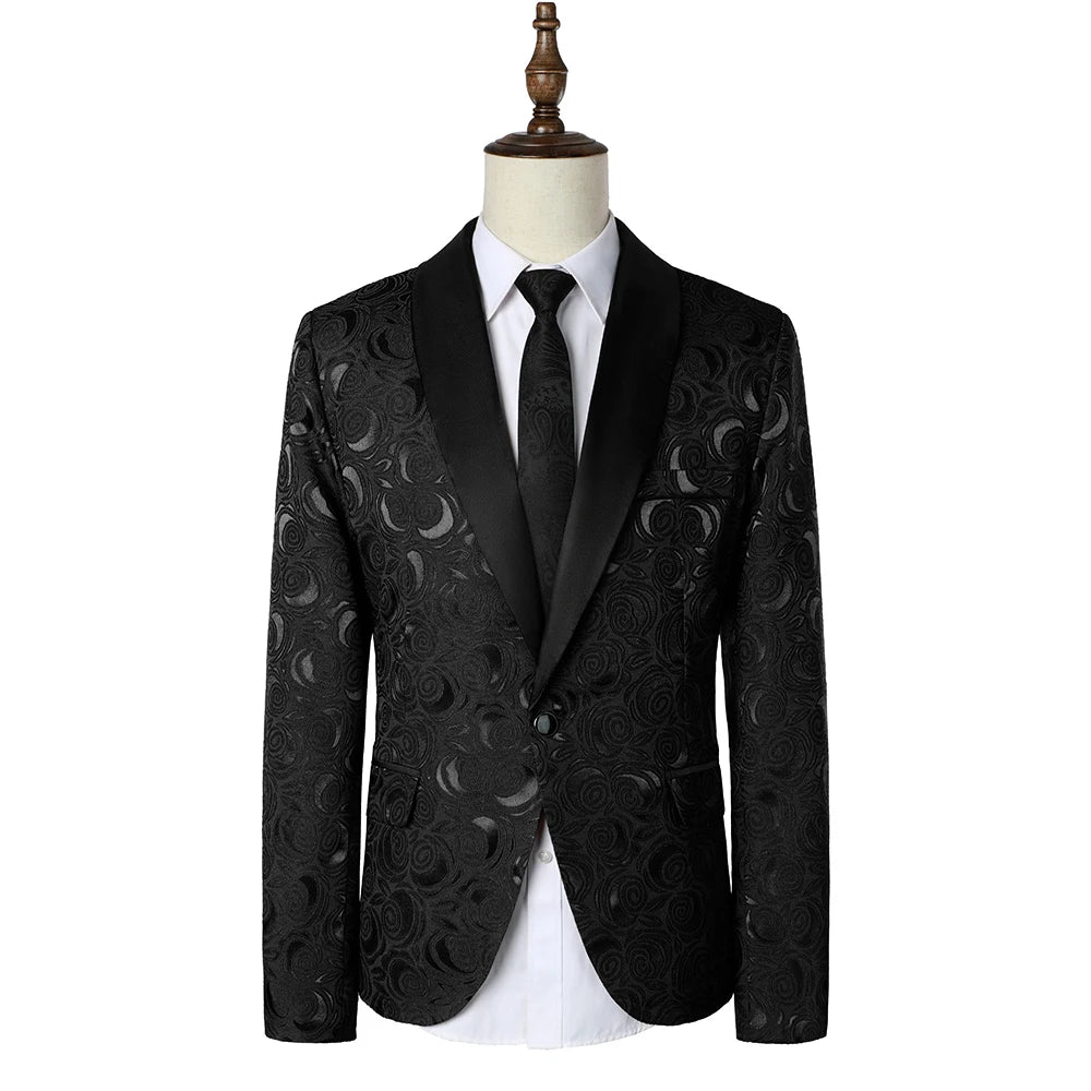 Men’s Rose Pattern Jacquard Blazer | Luxury Contrast Collar Slim Fit Party Jacket by BlazerBoyz