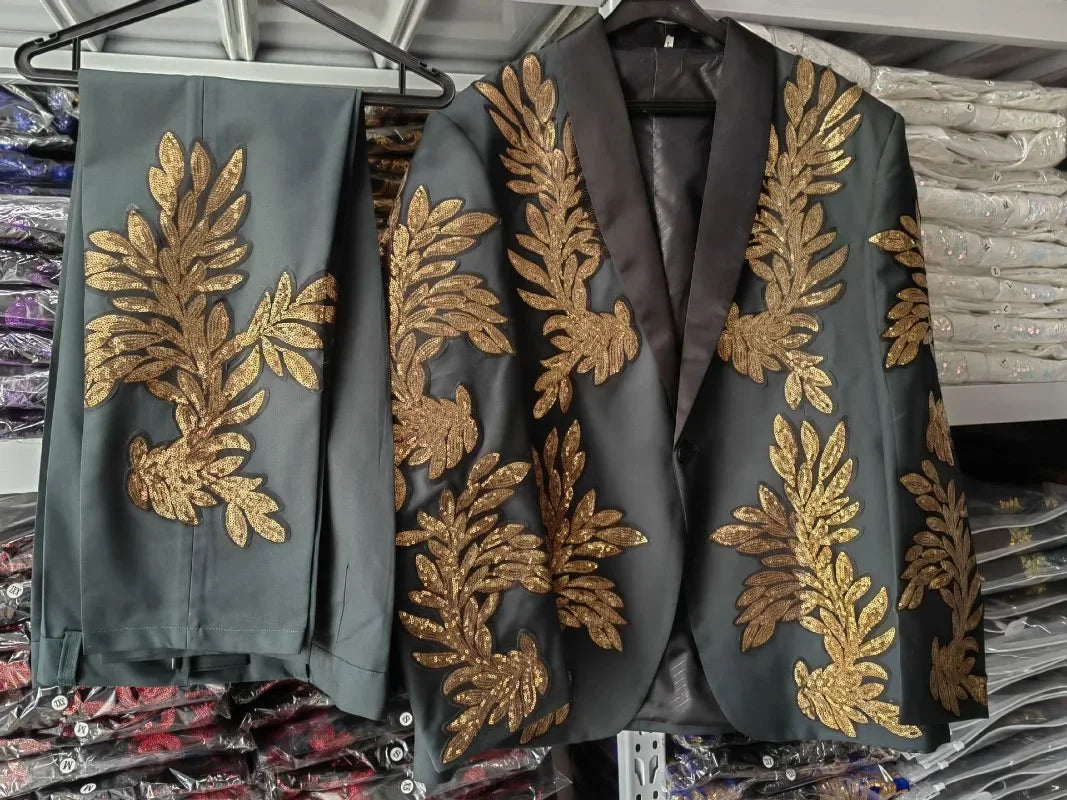 Gold Sequin Appliqué Suit | High-Quality Men's Performance & Casual Jacket by BlazerBoyz