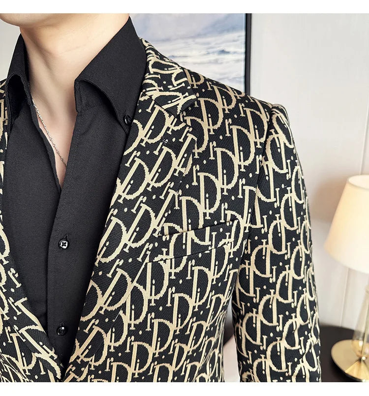 Stylish Letter Print Slim-Fit Blazer for Men | Personality Social Jacket by BlazerBoyz