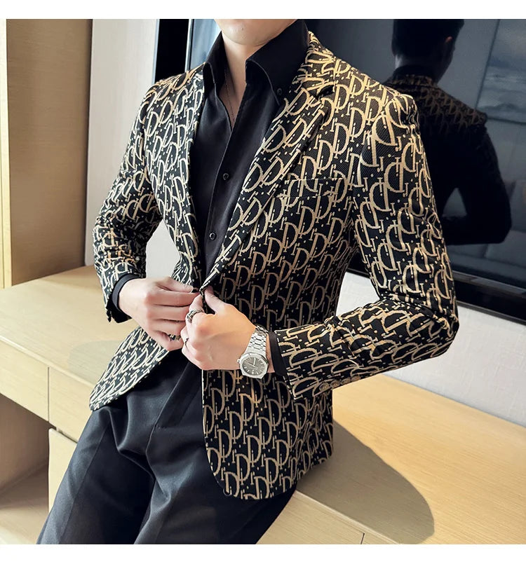 Stylish Letter Print Slim-Fit Blazer for Men | Personality Social Jacket by BlazerBoyz