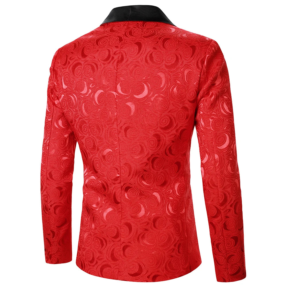 Men’s Rose Pattern Jacquard Blazer | Luxury Contrast Collar Slim Fit Party Jacket by BlazerBoyz