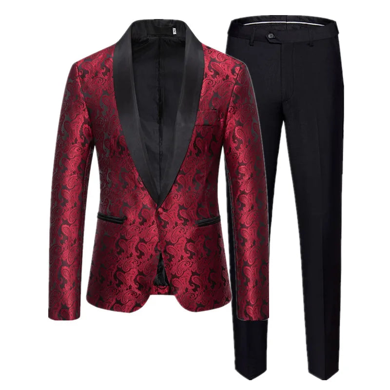 High-Quality Men’s Jacquard Suit | Luxury 2-Piece Tuxedo Blazer & Pants in Red/Silver by BlazerBoyz