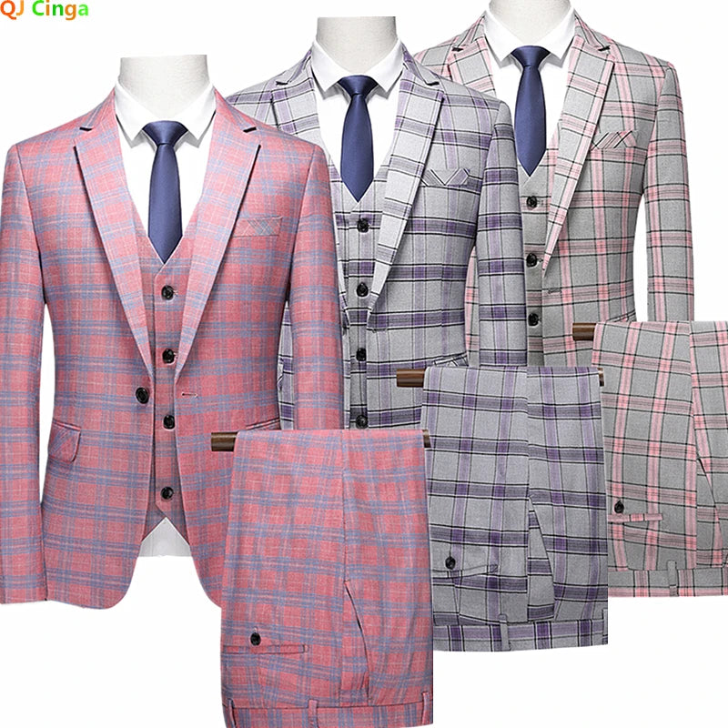 Red Striped Plaid 3-Piece Suit | Men's Slim Fit Wedding & Party Blazer, Pants & Vest by BlazerBoyz