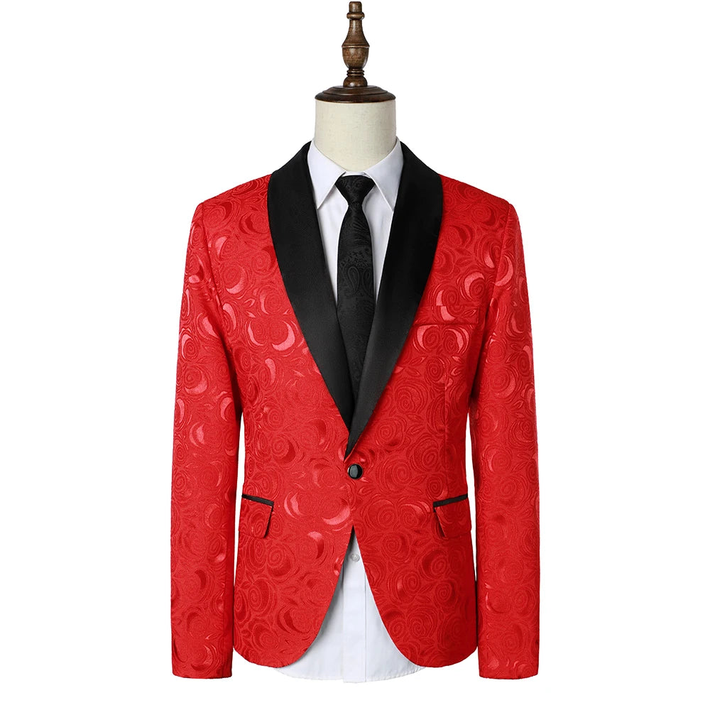 Men’s Rose Pattern Jacquard Blazer | Luxury Contrast Collar Slim Fit Party Jacket by BlazerBoyz