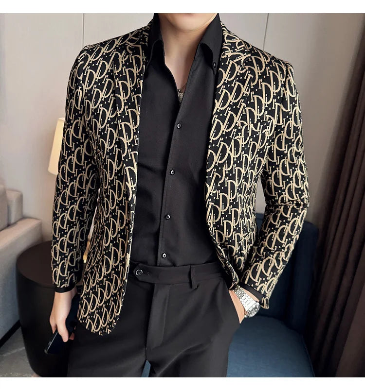 Stylish Letter Print Slim-Fit Blazer for Men | Personality Social Jacket by BlazerBoyz