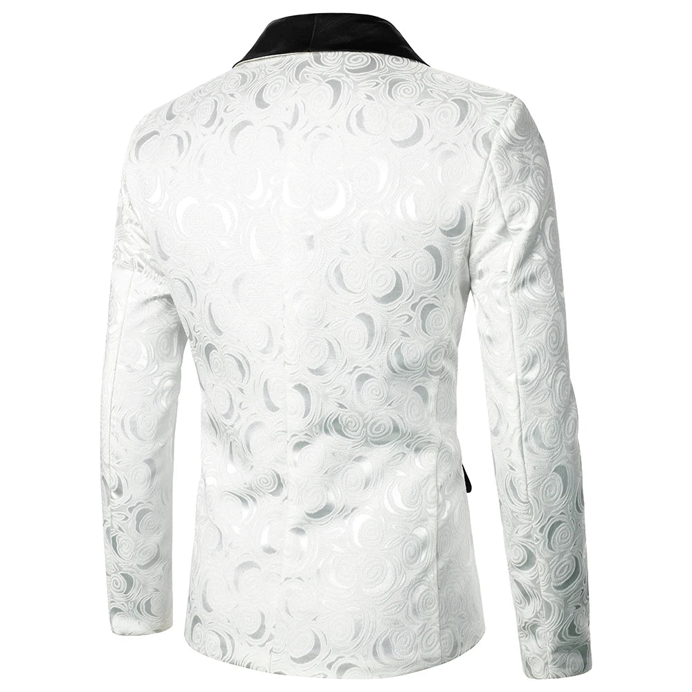 Men’s Rose Pattern Jacquard Blazer | Luxury Contrast Collar Slim Fit Party Jacket by BlazerBoyz