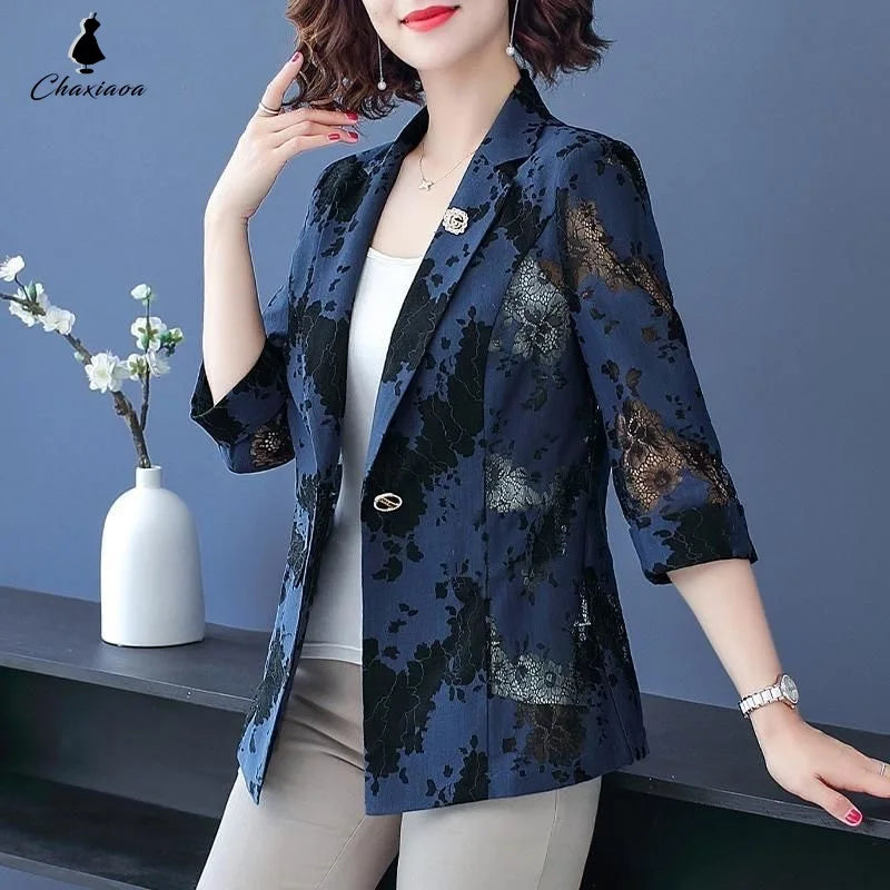 Women’s Blue Lace Blazer | CHAXIAOA Chic Long Sleeve Stylish Outerwear