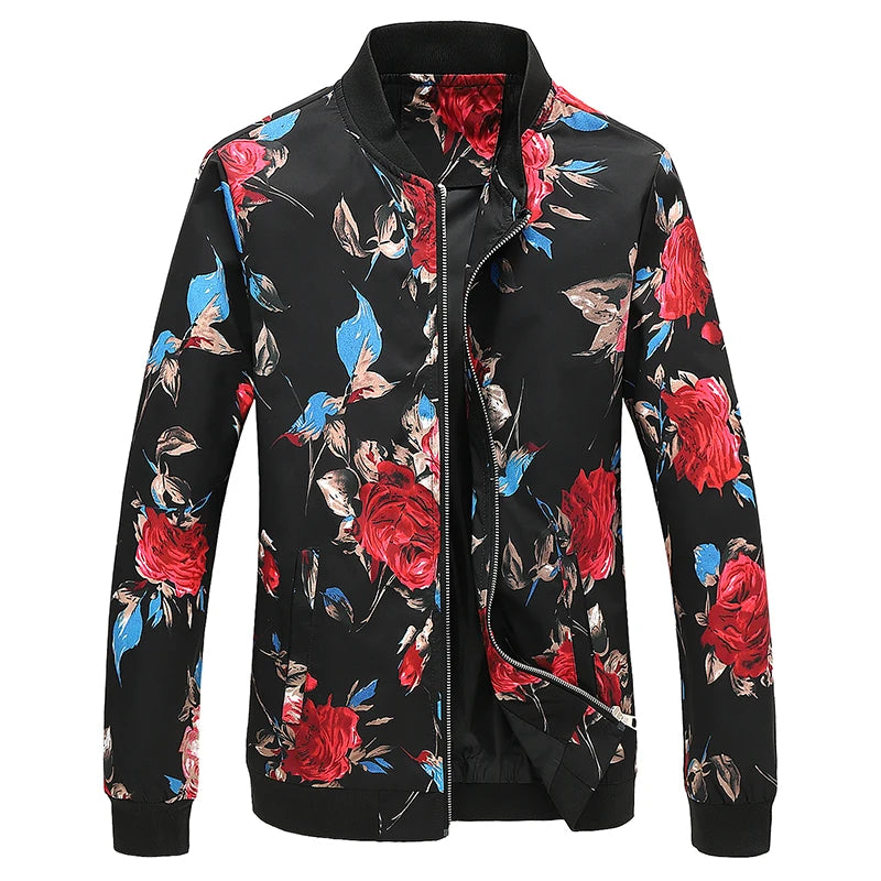 Men's Long-Sleeve Floral Baseball Collar Jacket – Casual High Street Fashion Sportswear