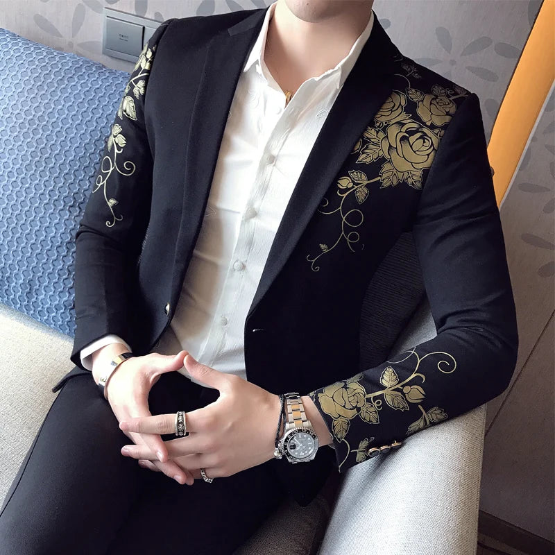 Luxury Gold Print Blazer | Slim Fit Men's Stage & Wedding Jacket by BlazerBoyz