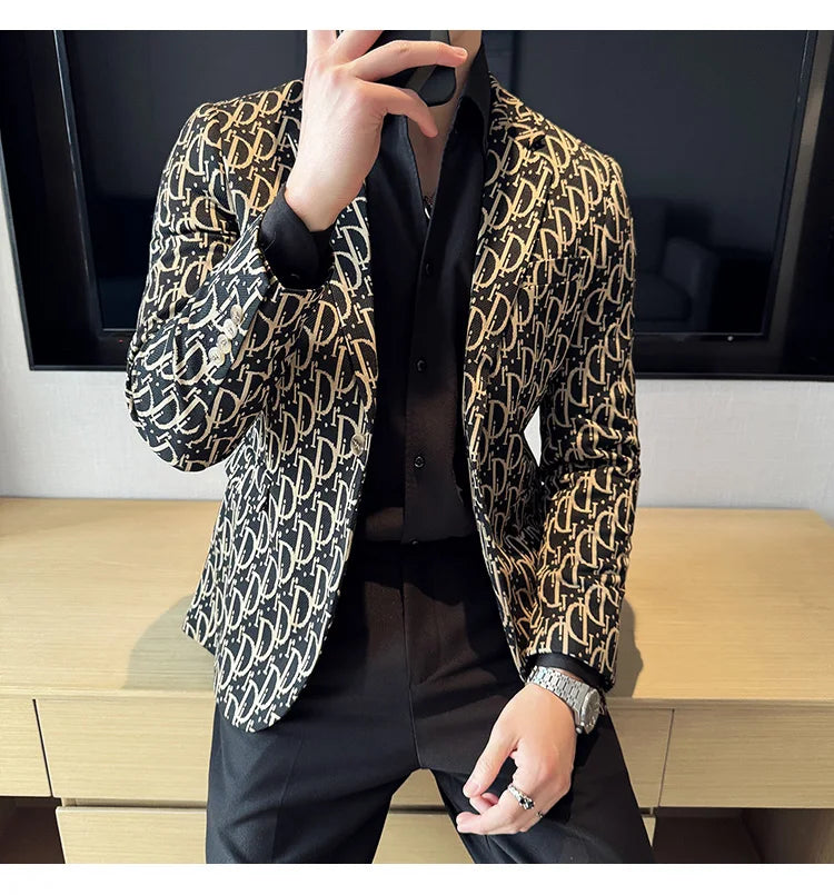 Stylish Letter Print Slim-Fit Blazer for Men | Personality Social Jacket by BlazerBoyz