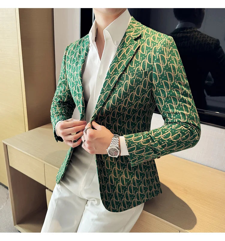 Stylish Letter Print Slim-Fit Blazer for Men | Personality Social Jacket by BlazerBoyz