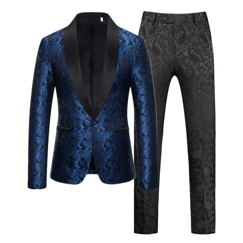 High-Quality Men’s Jacquard Suit | Luxury 2-Piece Tuxedo Blazer & Pants in Red/Silver by BlazerBoyz