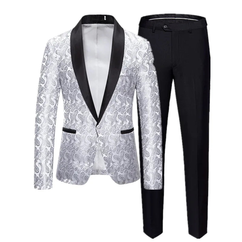 High-Quality Men’s Jacquard Suit | Luxury 2-Piece Tuxedo Blazer & Pants in Red/Silver by BlazerBoyz