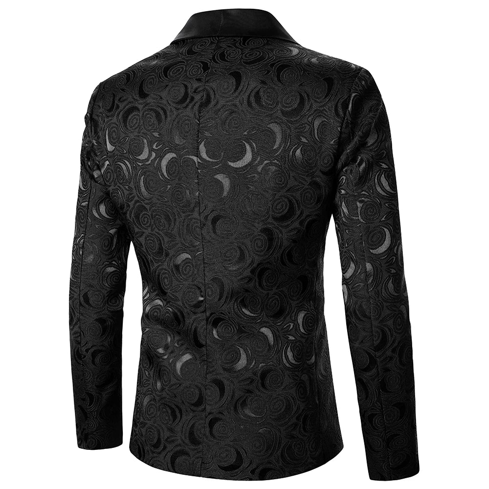 Men’s Rose Pattern Jacquard Blazer | Luxury Contrast Collar Slim Fit Party Jacket by BlazerBoyz