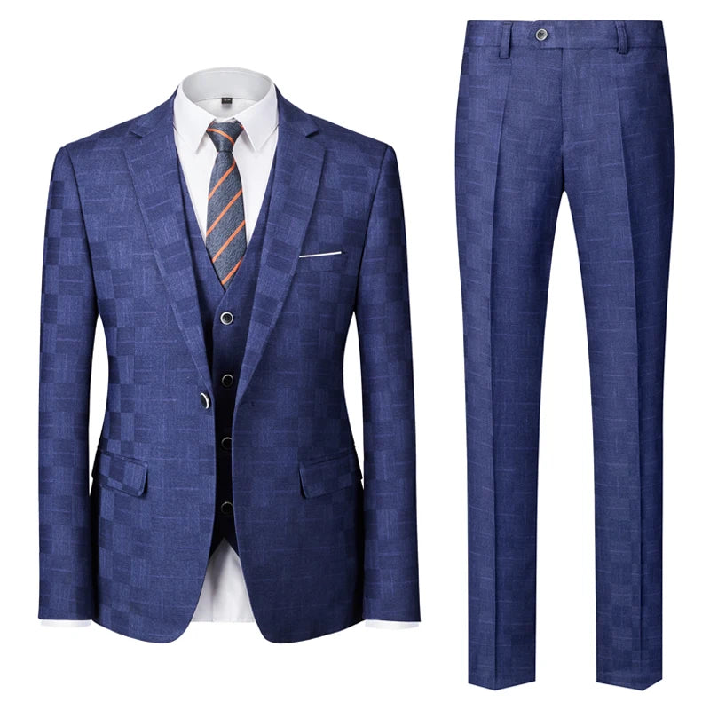 Men's Slim Fit Plaid 3-Piece Suit | Blue & Red Blazer, Vest, and Pants Set by BlazerBoyzPiece Set