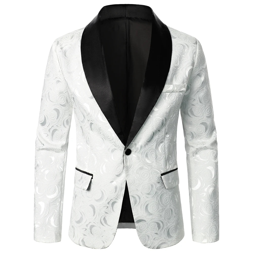 Men’s Rose Pattern Jacquard Blazer | Luxury Contrast Collar Slim Fit Party Jacket by BlazerBoyz