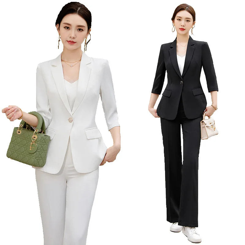 Office Pant Suits for Women | Casual 2-Piece Set with Three-Quarter Sleeve Blazer by BlazerGirlz