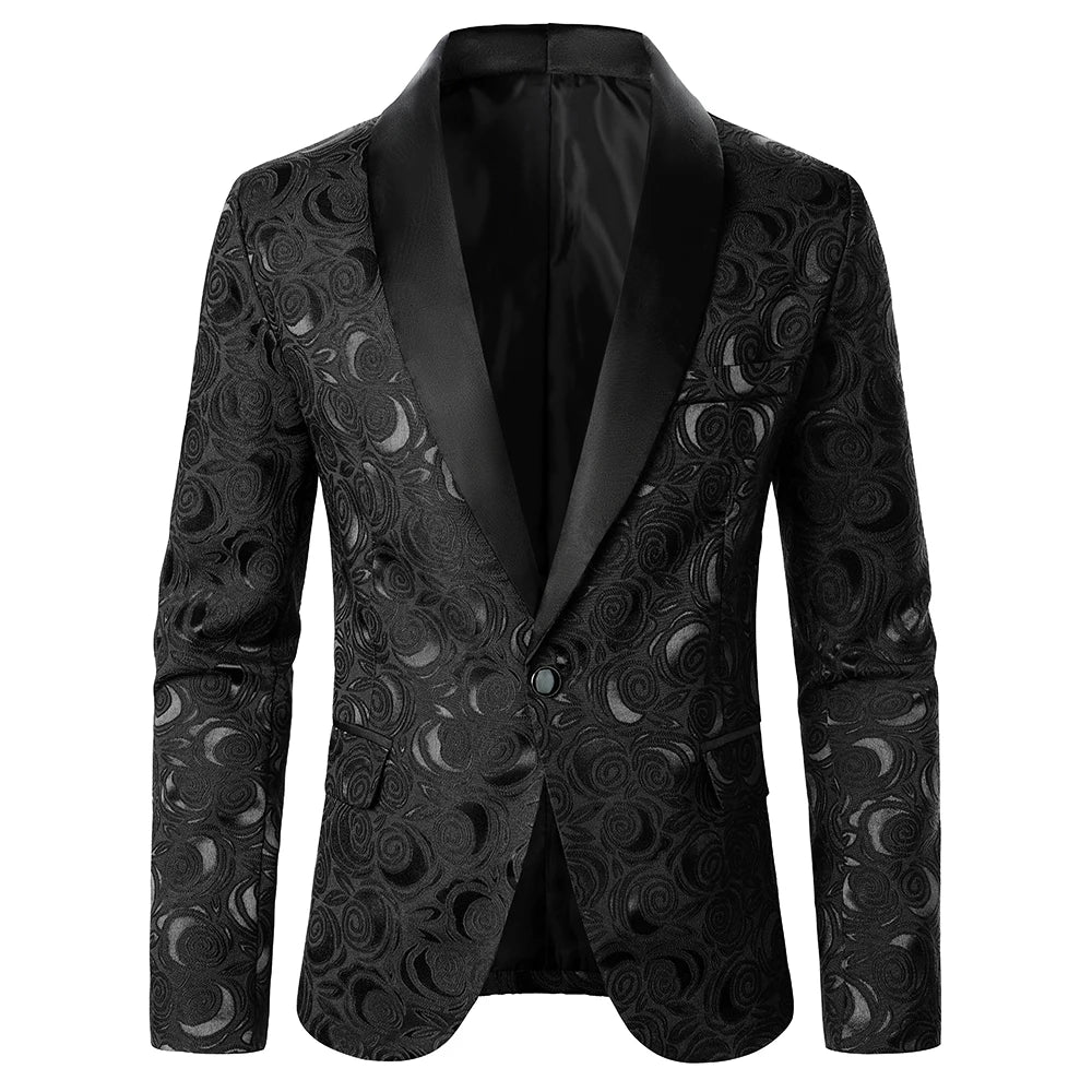 Men’s Rose Pattern Jacquard Blazer | Luxury Contrast Collar Slim Fit Party Jacket by BlazerBoyz