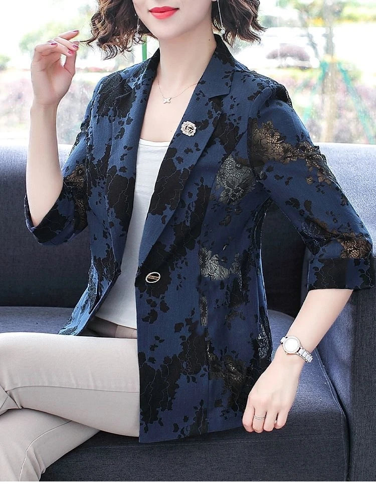 Women’s Blue Lace Blazer | CHAXIAOA Chic Long Sleeve Stylish Outerwear