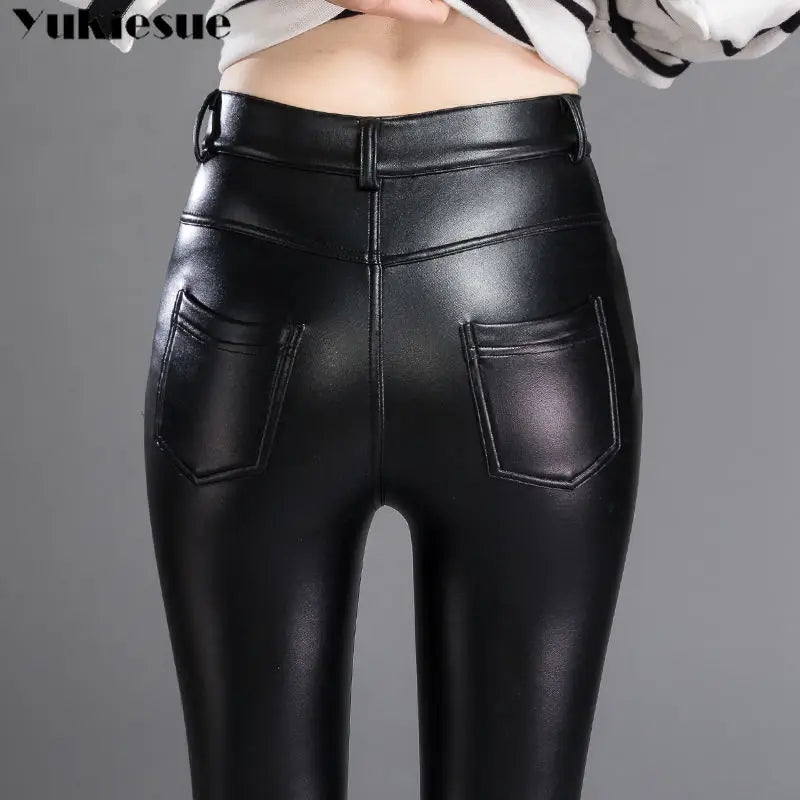 Women’s High Elastic Shiny Leather Pants | Slim Fit Pencil Trousers by BlazerGirlz