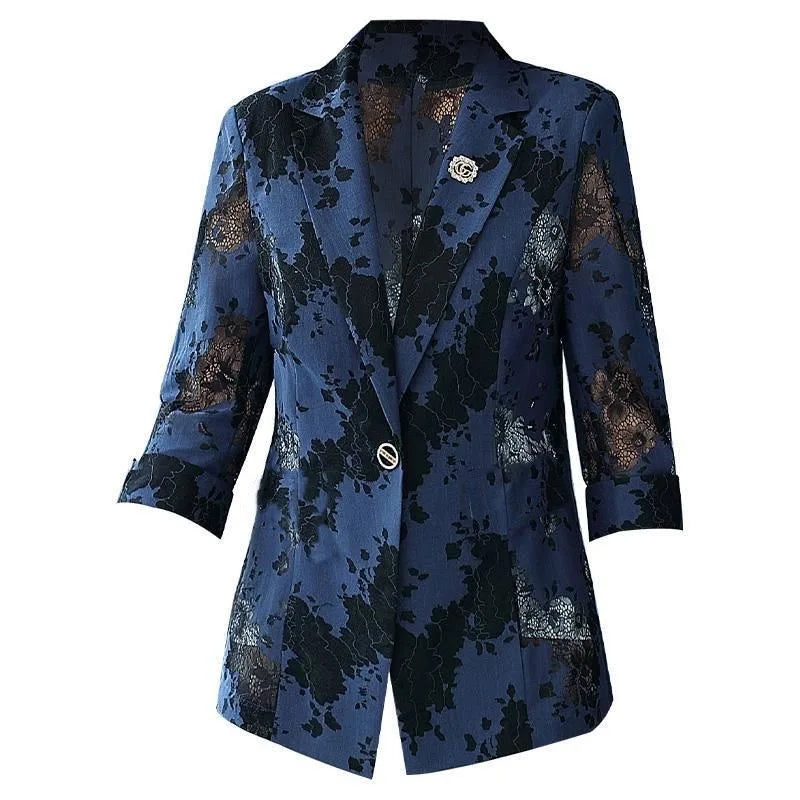 Women’s Blue Lace Blazer | CHAXIAOA Chic Long Sleeve Stylish Outerwear