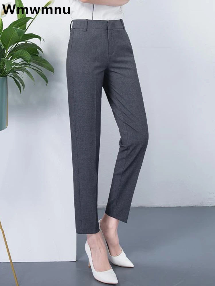 High-Waist Elastic Pencil Pants | Slim Fit Ankle-Length Trousers for Women by BlazerGirlz