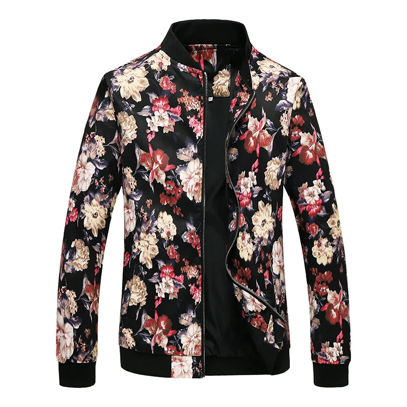 Men's Long-Sleeve Floral Baseball Collar Jacket – Casual High Street Fashion Sportswear