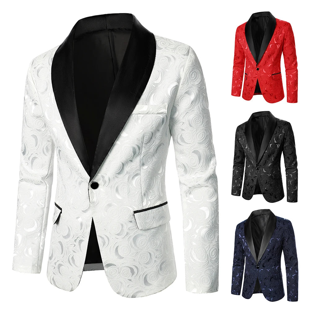 Men’s Rose Pattern Jacquard Blazer | Luxury Contrast Collar Slim Fit Party Jacket by BlazerBoyz