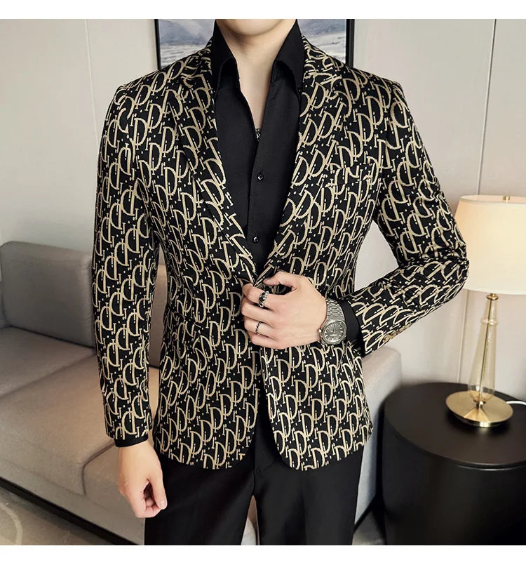 Stylish Letter Print Slim-Fit Blazer for Men | Personality Social Jacket by BlazerBoyz