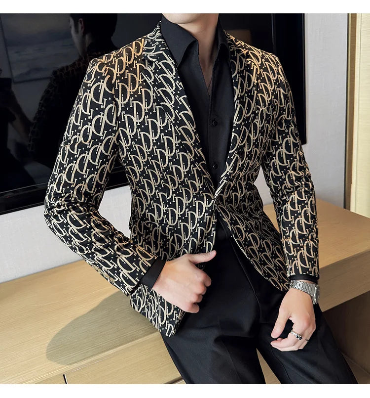 Stylish Letter Print Slim-Fit Blazer for Men | Personality Social Jacket by BlazerBoyz