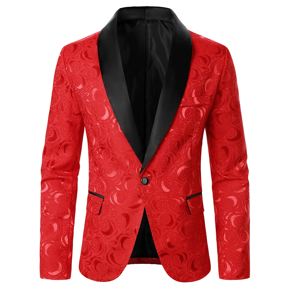 Men’s Rose Pattern Jacquard Blazer | Luxury Contrast Collar Slim Fit Party Jacket by BlazerBoyz