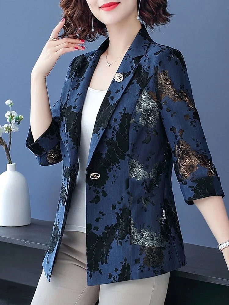 Women’s Blue Lace Blazer | CHAXIAOA Chic Long Sleeve Stylish Outerwear