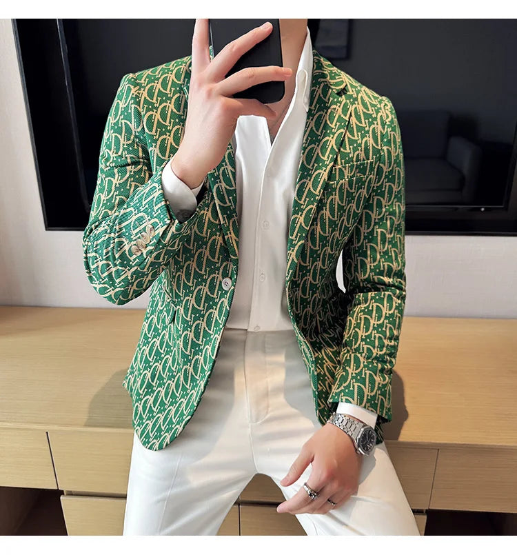 Stylish Letter Print Slim-Fit Blazer for Men | Personality Social Jacket by BlazerBoyz