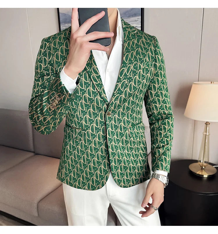 Stylish Letter Print Slim-Fit Blazer for Men | Personality Social Jacket by BlazerBoyz