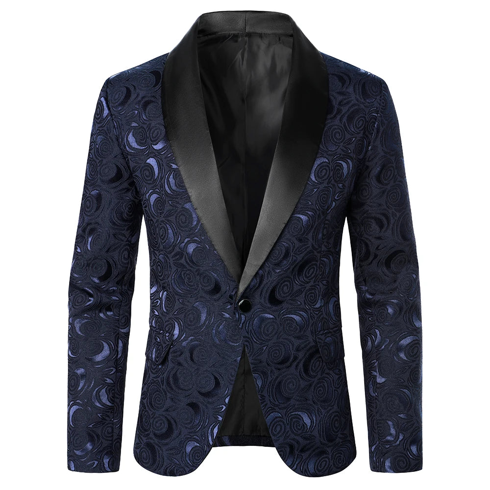 Men’s Rose Pattern Jacquard Blazer | Luxury Contrast Collar Slim Fit Party Jacket by BlazerBoyz