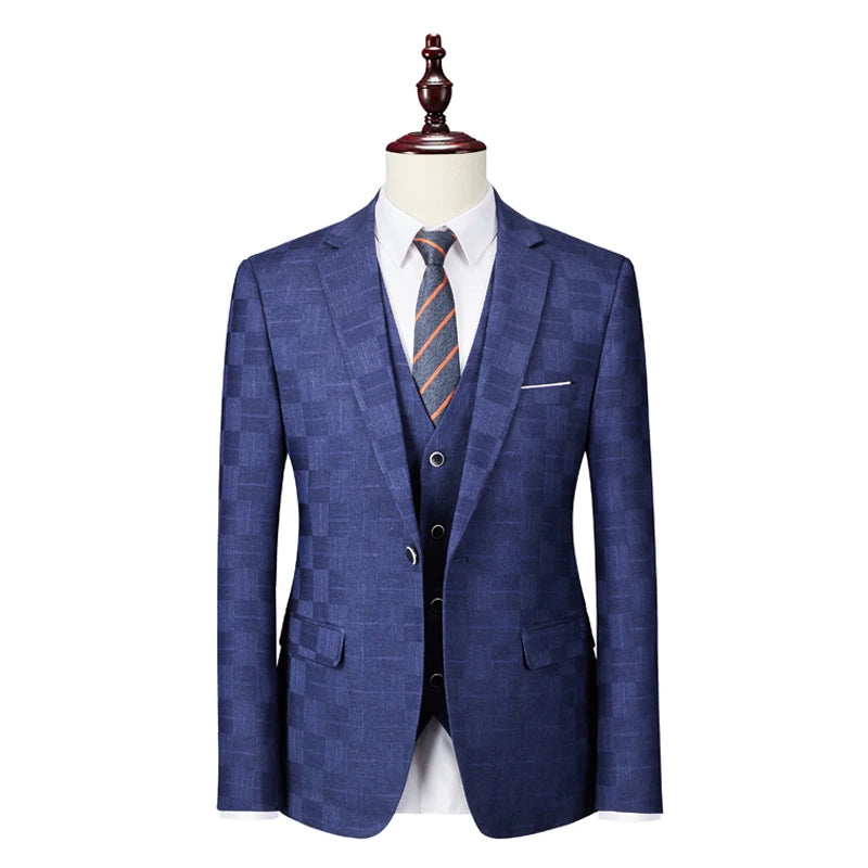 Men's Slim Fit Plaid 3-Piece Suit | Blue & Red Blazer, Vest, and Pants Set by BlazerBoyzPiece Set